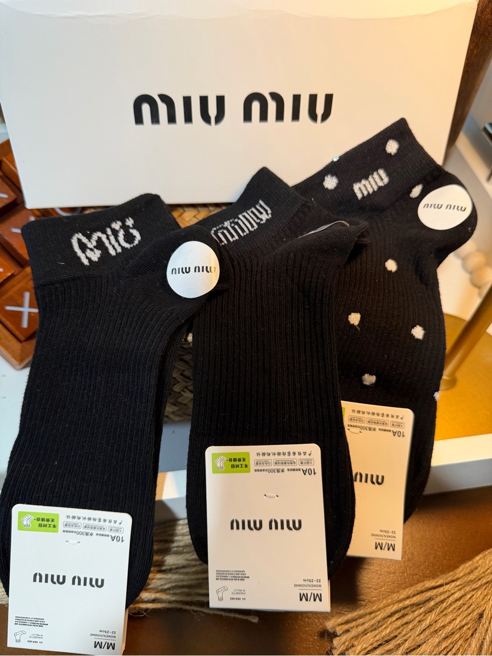 Miu Miu Black Ankle Socks Trio with Logo and Dot Accents